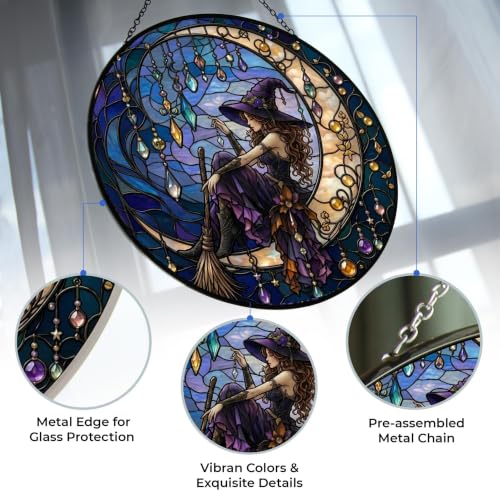 Moonlight Witch Suncatcher Stained Glass Panel 11.8 Inch – UV-Printed Halloween Decor with Frame & Hanging Chain - Variation 1 / 16cm/6.3in