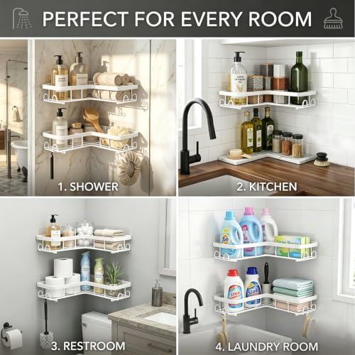 White 2 Pack L-Shaped Corner Shower Caddies Wall-Mounted Rustproof Stainless Steel