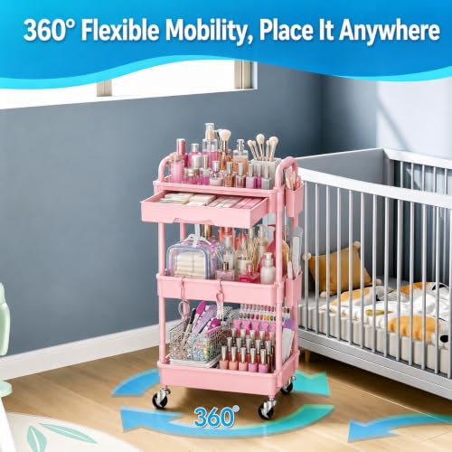 Pink 3-Tier Rolling Makeup Organizer with Removable Drawer and Wheels