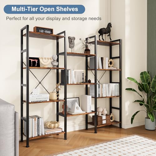 DUMOS Triple Column 4-Tier Industrial Bookshelf - Rustic Brown, 62.3W x 54.6H