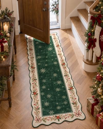 Lahome Green Christmas Bathroom Runner 2x6 Non Slip Washable Rug - Snowflake Edges