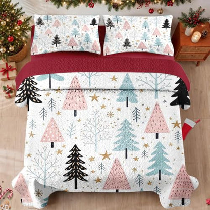 Queen Christmas Quilt Set with Tree Forest Pattern - 3 Piece Bedspread and Shams