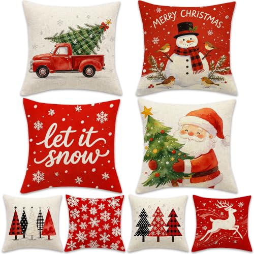 Christmas Pillow Covers 18x18 Inch Set of 4 Double-Sided Linen Decor - Holiday