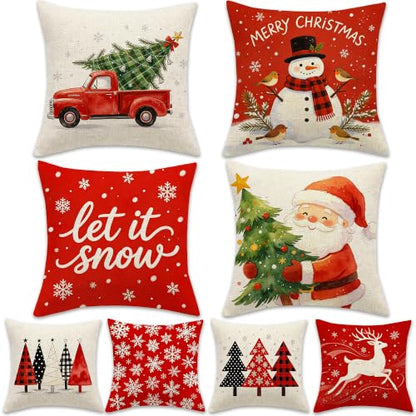 Christmas Pillow Covers 18x18 Inch Set of 4 Double-Sided Linen Decor - Holiday