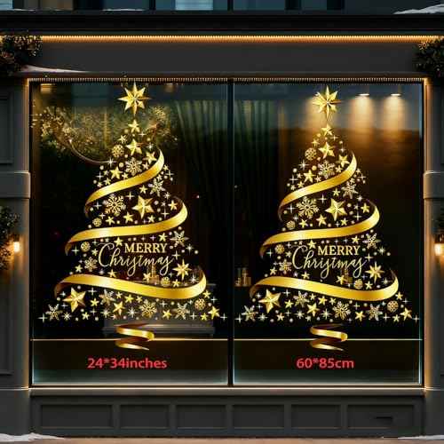 Large Golden Christmas Decorations Tree Window Clings Stickers for Home, Cafe, Mall Glass Door, DIY Static Wall Window Door Mural Showcase Decal Sticker