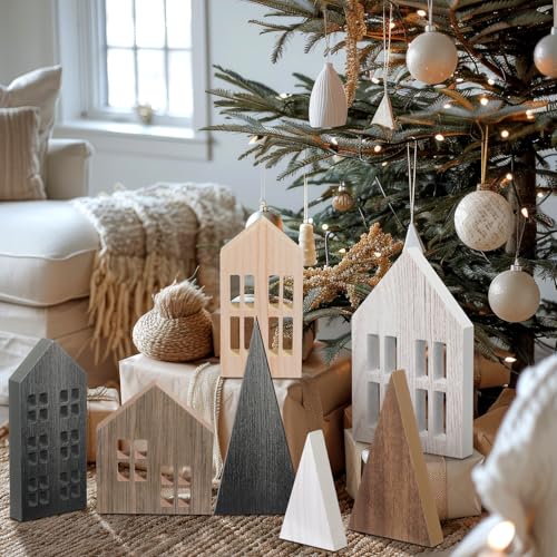 Wooden Christmas Village Houses Set with Trees - Rustic Holiday Decor