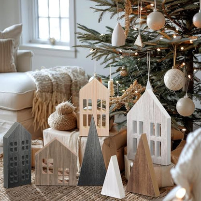 Wooden Christmas Village Houses Set with Trees - Rustic Holiday Decor