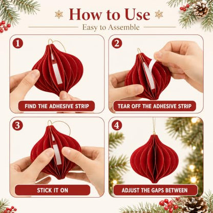 Red Honeycomb Paper Christmas Ornaments - Assorted Ball & Teardrop Shapes - 3 Pack