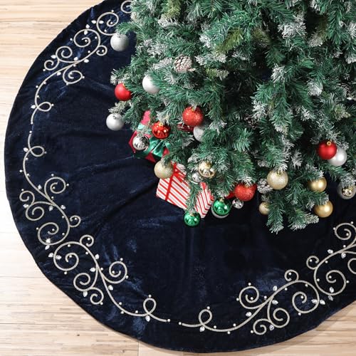 Navy Blue 36-Inch Velvet Christmas Tree Skirt with Gold Embroidered Pearls and Crystals