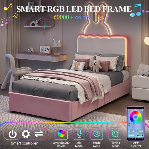 Pink Twin Bed Frame with Storage Drawers, LED Lights & Wavy Cloud Headboard