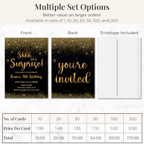 Black Gold 70th Surprise Birthday Invitations - Personalized 5x7 Set with Envelopes