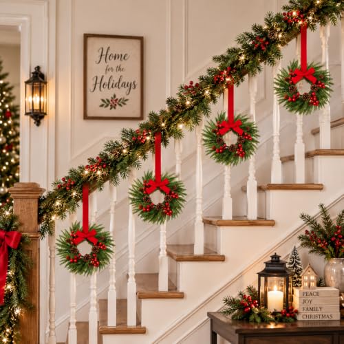 4 Pcs Mini Christmas Wreath 15 Inch with Red Ribbon - Farmhouse Holiday Decor