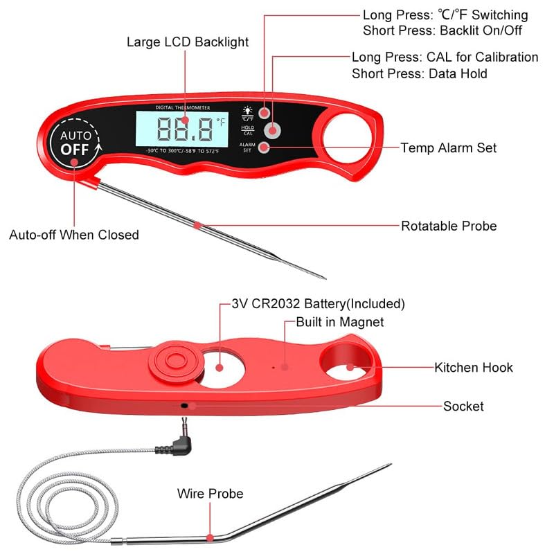 Skiennix Digital Meat Thermometer - Instant Read Dual Probe with Backlight LCD Display | Perfect BBQ Kitchen Accessory