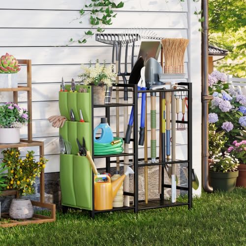 Garden Tool Organizer with Side Pouch 3-Tier Yard Storage Rack