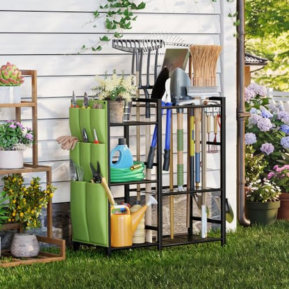 Garden Tool Organizer with Side Pouch 3-Tier Yard Storage Rack