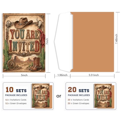 Western Cowboy Birthday Party Invitations Walnut 10 Pack with Envelopes Rustic Rodeo Theme