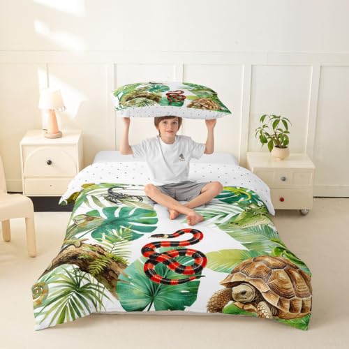 Jungle Reptile Themed Duvet Cover Set for Teens & Kids Twin Size - Fresh Green, No Comforter