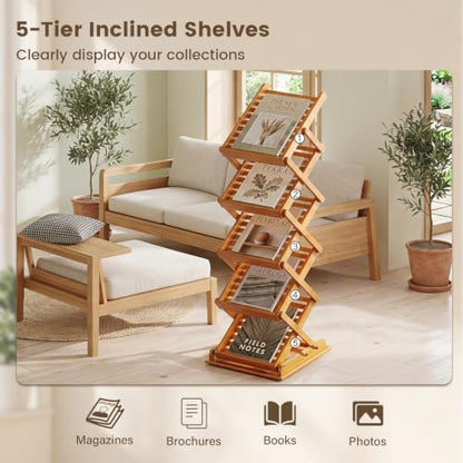 Foldable Bamboo Magazine Rack with Adjustable Height and 5 Shelves — Modern Storage Organizer