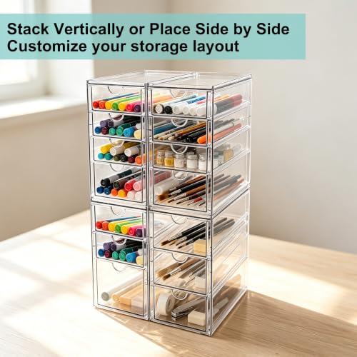 Prsildan Acrylic Desk Organizer with 14 Stackable Drawers - Clear Makeup Storage