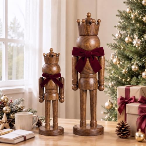 Amyhill 2-Piece Wooden Nutcracker Figures Decor - 14 Inch & 10 Inch, Brown, Velvet Bow Variation