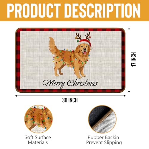Golden Retriever Christmas Door Mat - Non-Slip Welcome Mat for Front Door - 17x30 Inch - Red and Black Plaid - Variation: Golden Retriever-1