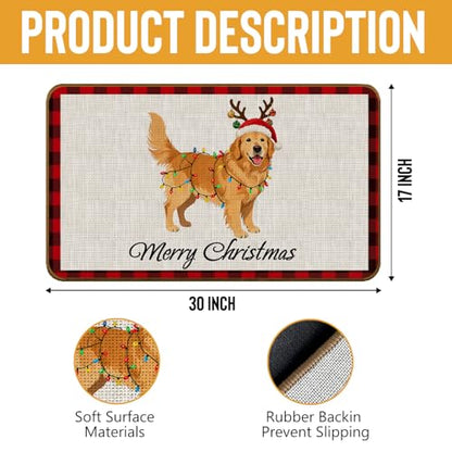 Golden Retriever Christmas Door Mat - Non-Slip Welcome Mat for Front Door - 17x30 Inch - Red and Black Plaid - Variation: Golden Retriever-1