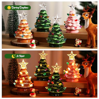 Mini Ceramic Christmas Tree Set - Prelit Green with Star, 4 Inches, 6 Pack