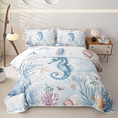 Kids Full Size Seahorse Quilt Set - Light Blue Nautical Marine Animal Bedding