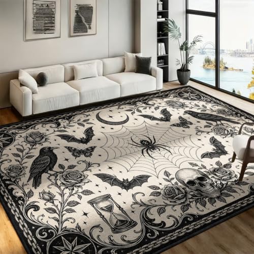 Dark Gothic Crow Spider Area Rug 3x5 ft Vintage Skull Hourglass Floor Mat Pattern 3