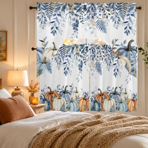 Blue Pumpkins Fall Tier Curtains with Swag Valance Sets - 27.5W x 24L White Blue