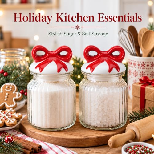 Red Bow Christmas Glass Jar Set with Lids - Holiday Canister Storage