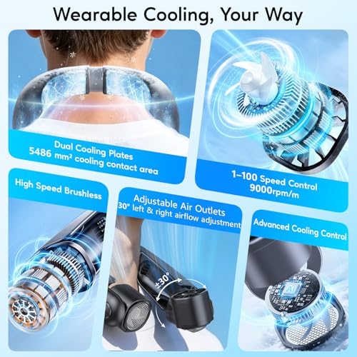 Portable Neck Fan Black with Cooling Plates, 6000mAh Rechargeable, 1-100 Speed