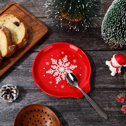 Christmas Snowflake Ceramic Spoon Rest - Red & White Holiday Kitchen Decor - 4.7 Inch