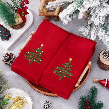Christmas Hand Towels Set - Embroidered Red Green Xmas Tree Cotton Dish Towels, 29.5 x 13.7 Inch