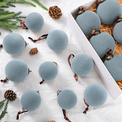 Gray Blue Velvet Christmas Tree Ornaments - 18 Pack Flocked Holiday Balls with Hanging Ropes