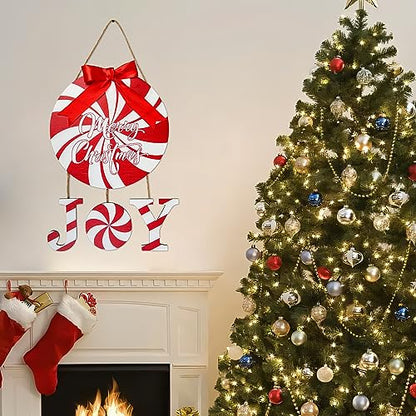 Christmas Door Sign Peppermint Candy Wreath Holiday Welcome Decor