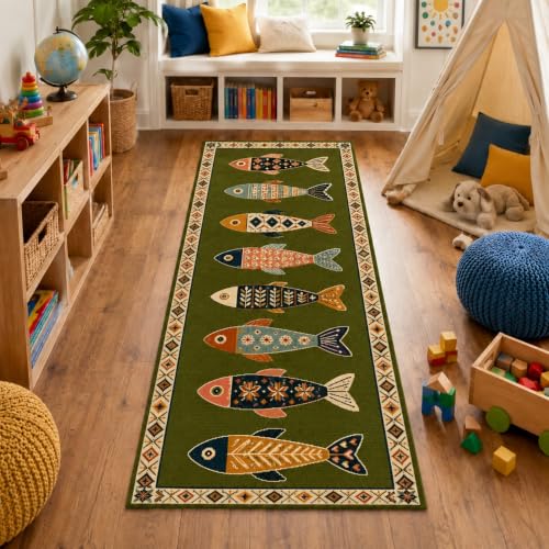 Fish Runner Rug 2x4ft - Washable Non-Slip Hallway Rug in Olive - Fish-Inspired Art