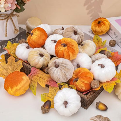 24 Pcs Rustic Fall Velvet Pumpkins Artificial Harvest Decor - Orange, Champagne, White & Khaki