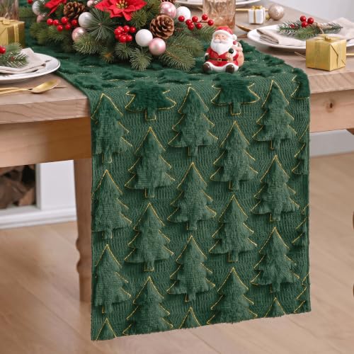 13 x 108 Inch Green Plush Faux Fur Christmas Table Runner with Embroidered Edges