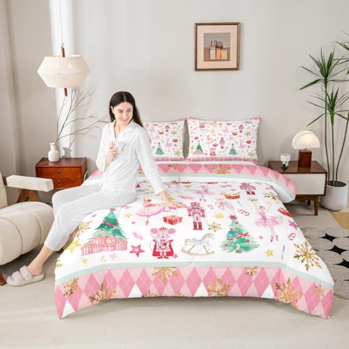 Christmas Comforter Set Queen Size - Ballet Nutcracker Bedding with Gold Pink Green Variation