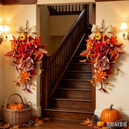 Fall Dahlia 2 Pack 21 Inch Teardrop Wreaths for Front Door Thanksgiving Decor