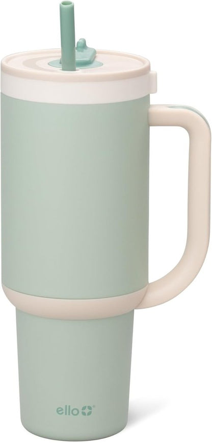 Ello Oasis 40 oz Tumbler - Insulated Stainless Steel Cup with Handle & Straw | 100% Leakproof, Keeps Drinks Cold for 20 Hours, Pistachio