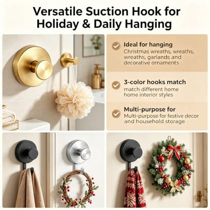 Black Suction Cup Hooks for Wreaths - No-Drill Wall Mounts, 2 Pack