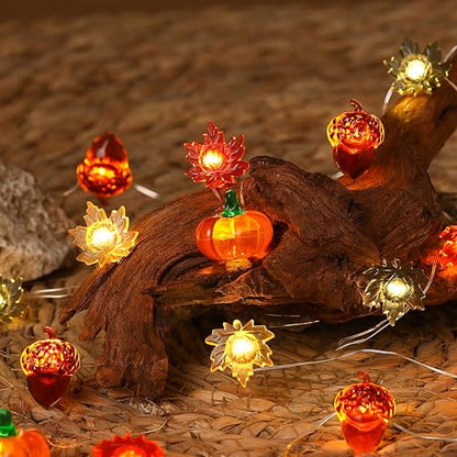 Fall Decor String Lights 10Ft 30 LEDs Acorn Pumpkin Maple Leaf for Autumn Thanksgiving