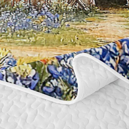 Slate Navy Blue King Farmhouse Quilt Set with Pillowcases - Rustic Red Barn & Windmill Design