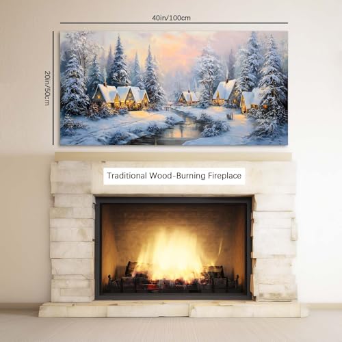 40-Inch White Retro Cabin Wall Art Canvas Print - Winter Forest Scene