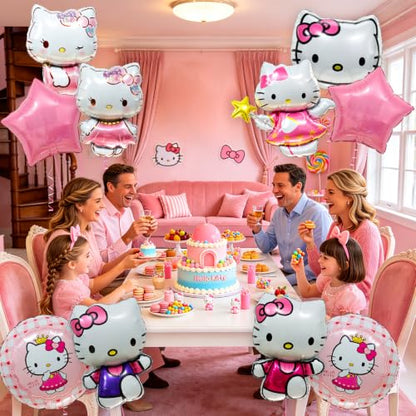 Pink Hello Cat Birthday Balloons - 10 Pack Foil Party Decorations