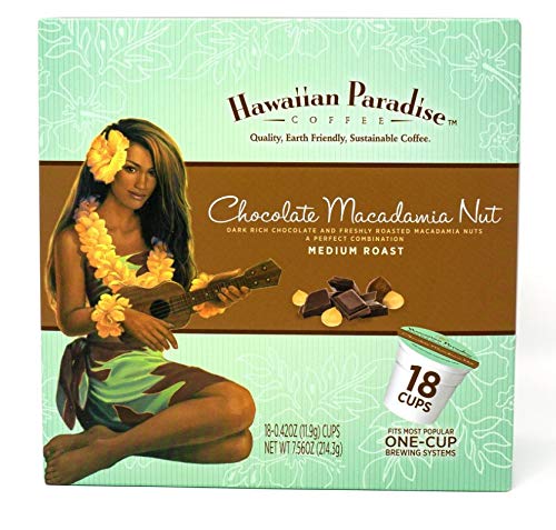 Hawaiian Paradise Coffee Chocolate Macadamia Nut Single Serve Cups 18 Count - Medium Roast - Compatible with Keurig K-Cup Brewers