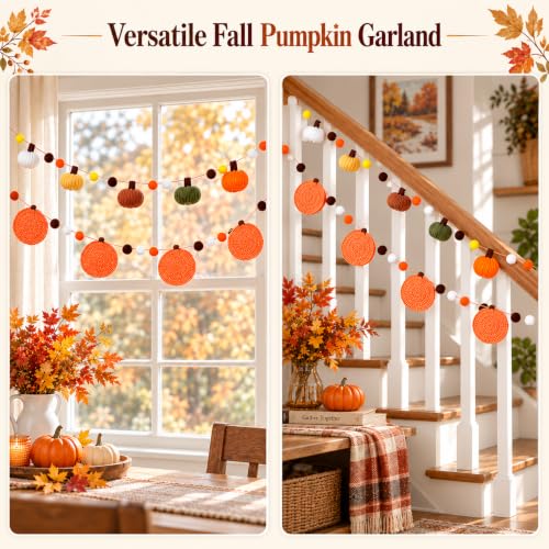 Fall Pumpkin Garland Set - 2 Pack 7.5 Ft Rustic Autumn Decor for Mantel and Wall