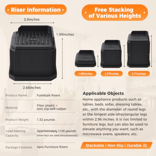 3.7 Inch Bed Risers - Black Adjustable Furniture Risers for Heavy Loads